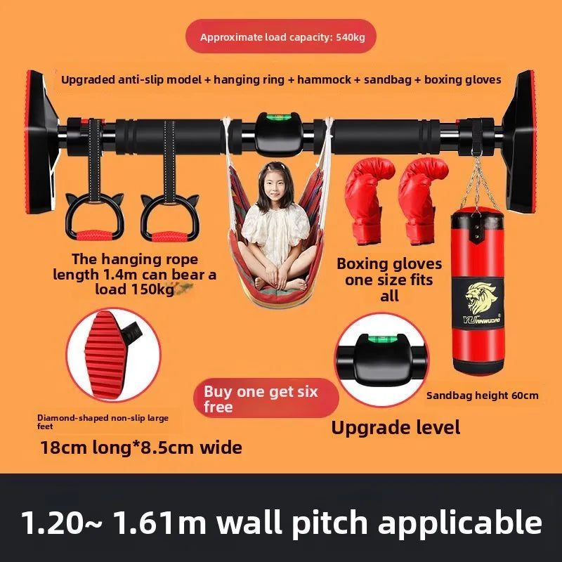 Indoor Pull-Up Bar — Wall & Door Mount with Height Rings for Adults & Kids