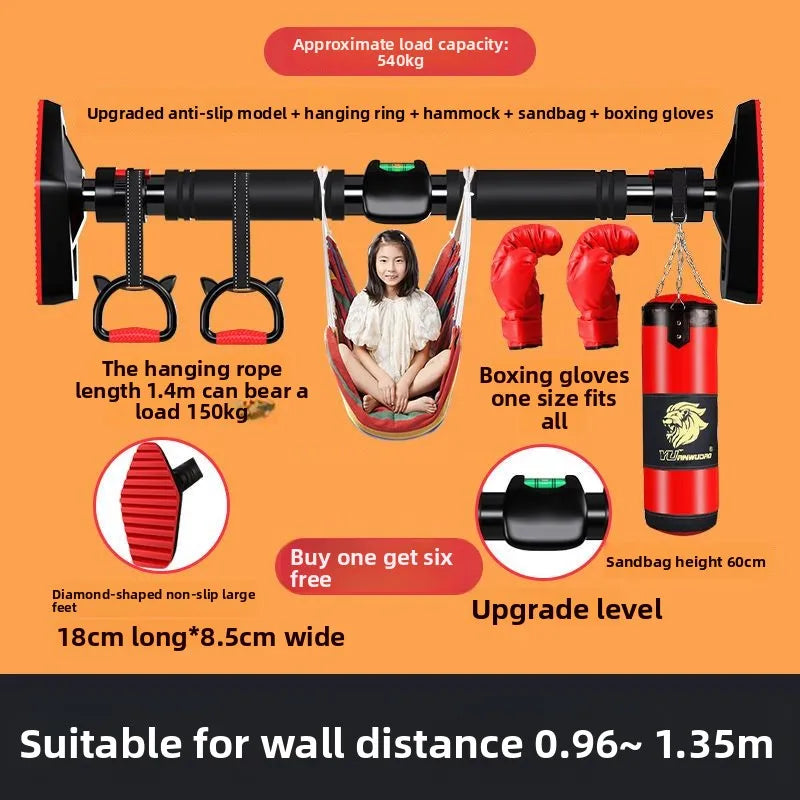 Indoor Pull-Up Bar — Wall & Door Mount with Height Rings for Adults & Kids
